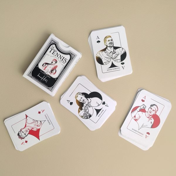 Nadal, Djokovic, Federer și Rod Laver ilustrați pe cărțile de joc tenis.