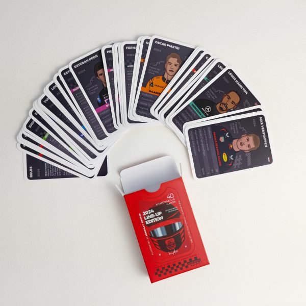 Max Verstappen, Sergio Perez, Lewis Hamilton, George Russell, Carlos Sainz, Charles Leclerc, Oscar Piastri and Lando Norris, illustrated on the 2024 F1 Trumps cards.