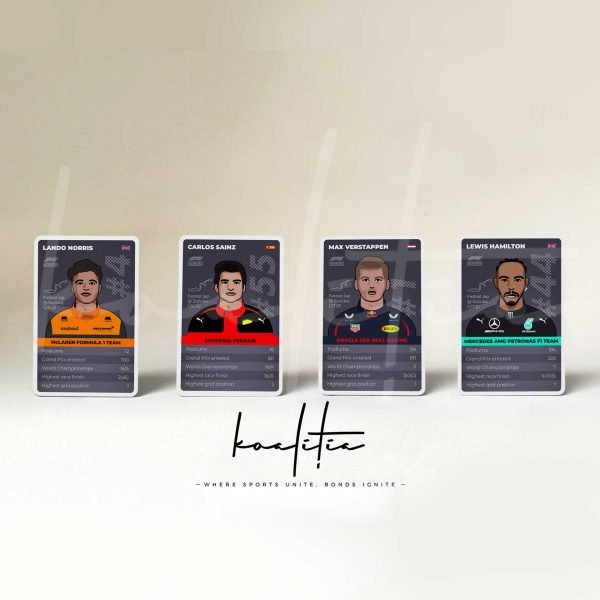 Norris, Sainz, Verstappen and Hamilton illustrated on the F1 trumps cards