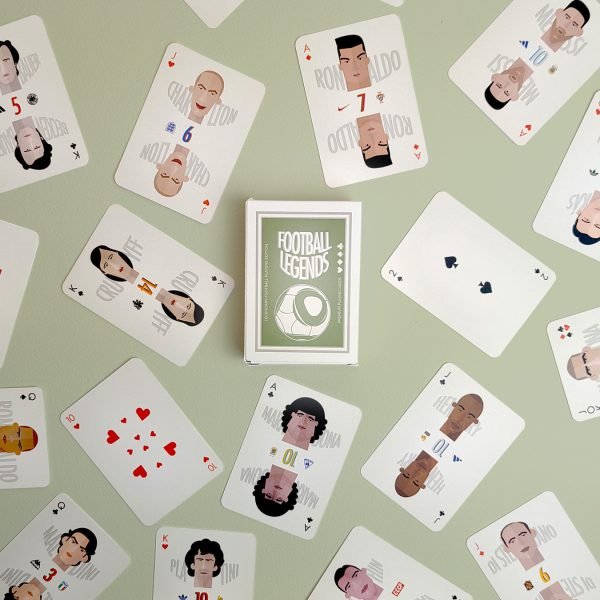 This football poker deck is featuring players like Maradona, Zidane, Cantona, Cristiano Ronaldo, Ronaldinho, and Messi,