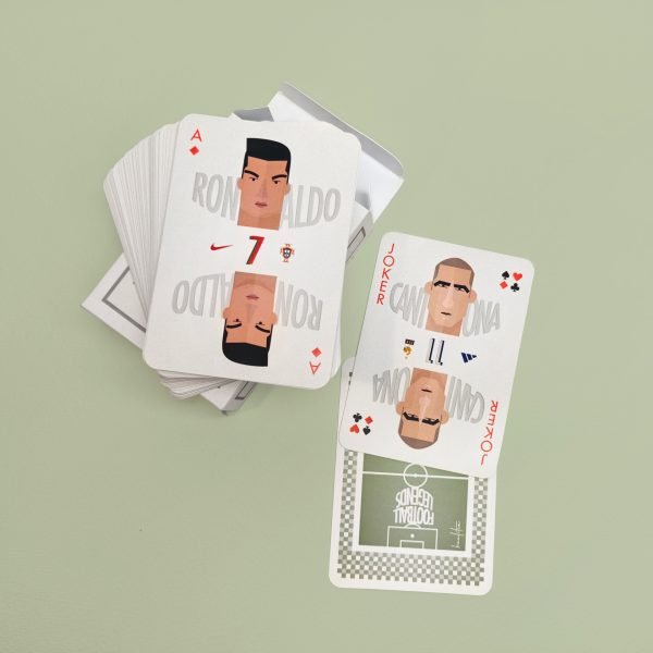 Cristiano Ronaldo și Eric Cantona, ilustrații create de noi pentru pachetul de cărți cu fotbaliști legendari.