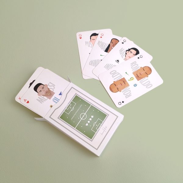 Messi, Ronaldo, Maldini, Ronaldinho, Puskas, ilustrații create de noi pentru pachetul de poker cu fotbal.