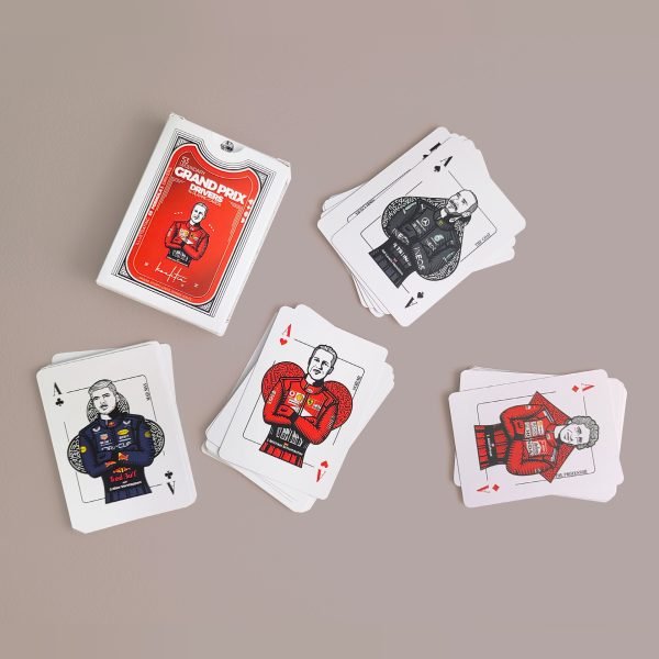 F1 poker deck with Max Verstappen, Lewis Hamilton, Michael Schumacher and Ayrton Senna.