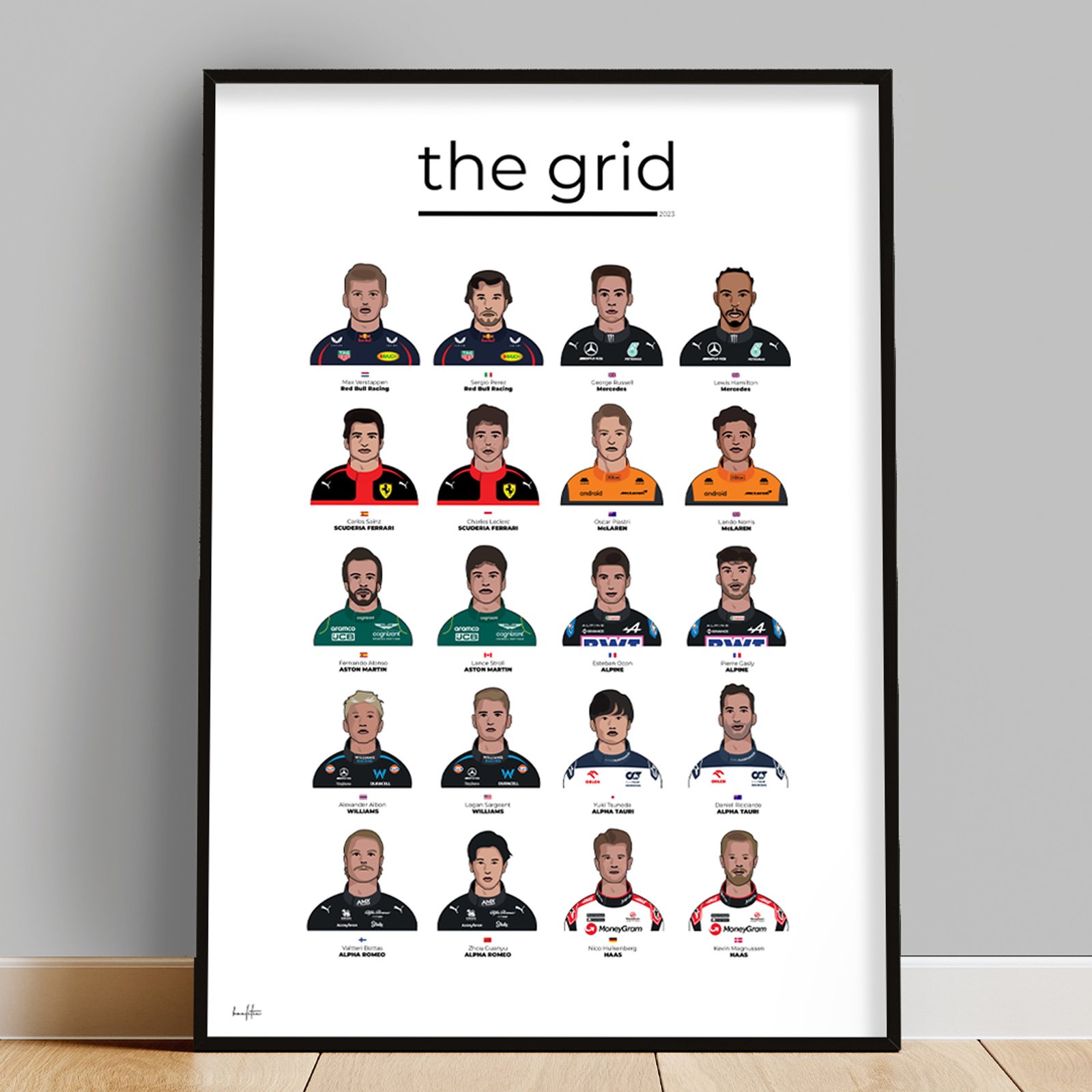The Formula 1 2023 Line-up Print illustrates drivers in the order of the F1 constructor standings at the start of the 2023 season.