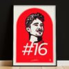 Charles Leclerc Print, digitally hand-drawn portrait of the Ferrari driver, featuring his signature and #16 number, framed on a dark background.