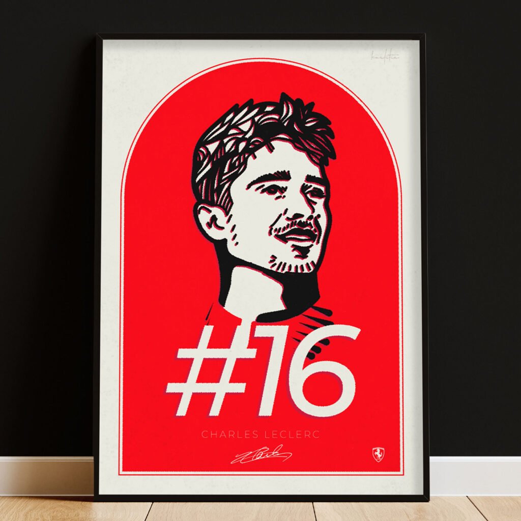 Charles Leclerc Print, digitally hand-drawn portrait of the Ferrari driver, featuring his signature and #16 number, framed on a dark background.