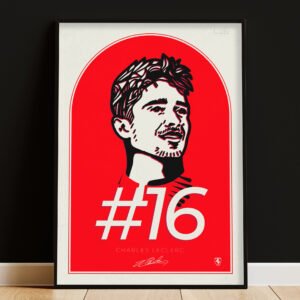Charles Leclerc Print, digitally hand-drawn portrait of the Ferrari driver, featuring his signature and #16 number, framed on a dark background.