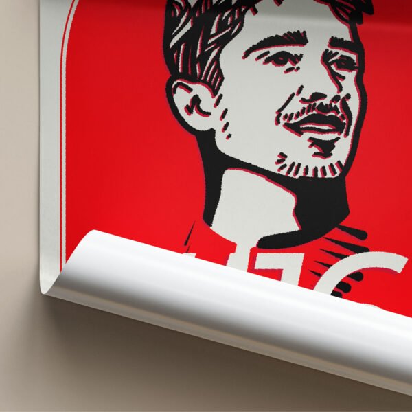 Close-up of the hand-drawn portrait detail from the Charles Leclerc Print, showcasing the Prancing Horse icon and Leclerc's signature alongside his racing number.