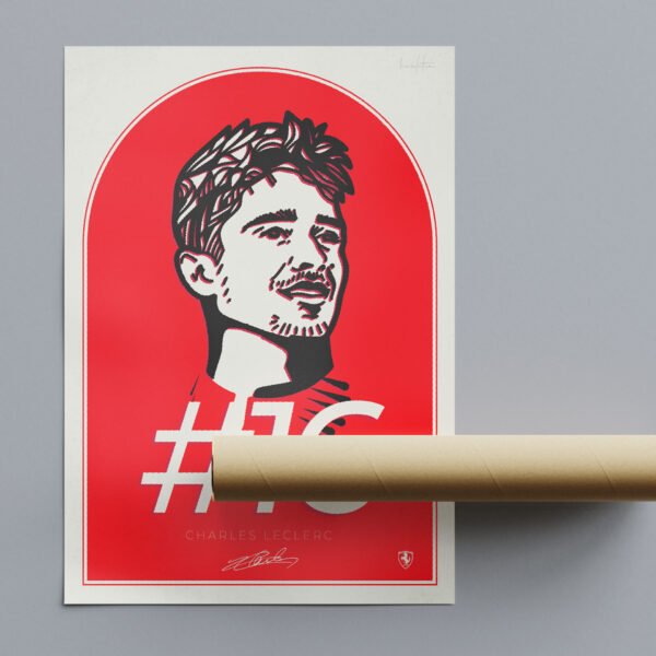 Hand-drawn portrait of Ferrari F1 driver Leclerc, poster designed and produced in Romania, E.U.