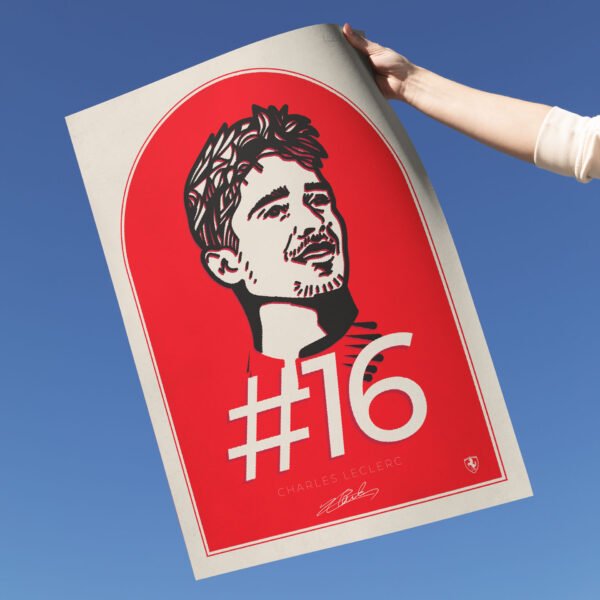 Poster Charles Leclerc, portret desenat digital al pilotului Ferrari, cu semnătura și numărul #16.