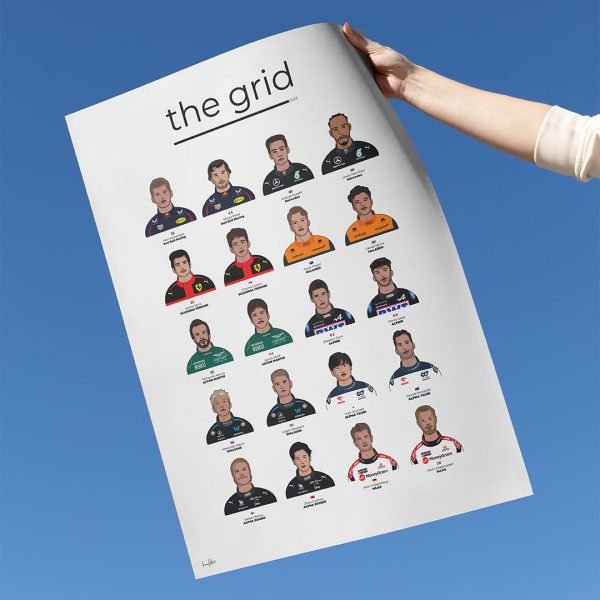 F1 2023 Drivers Grid Print, illustrating Max Verstappen, Hamilton, Leclerc, framed