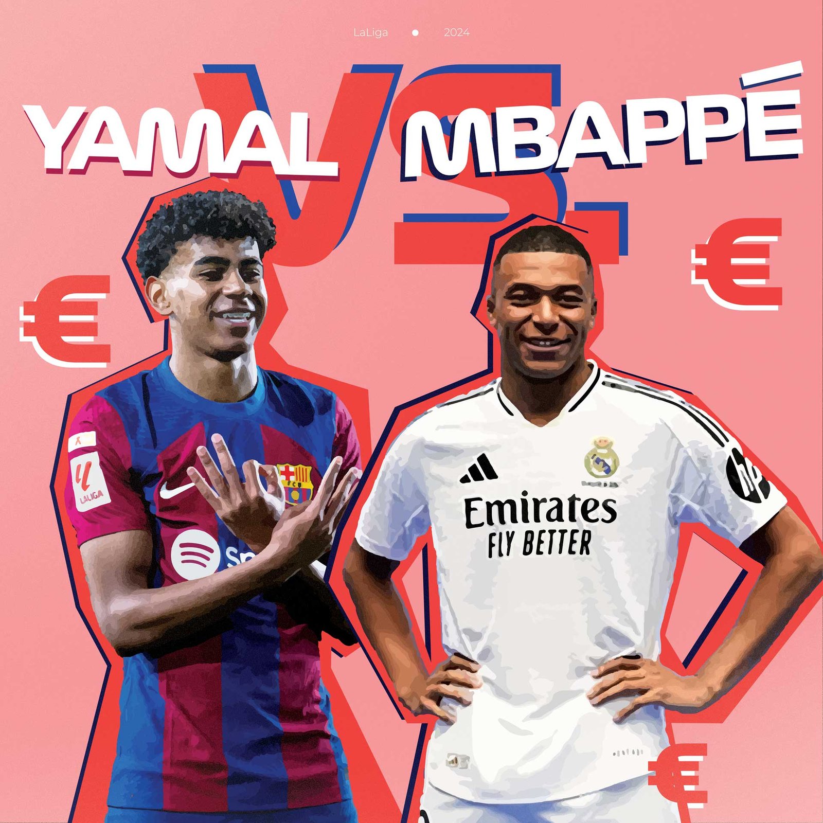 Yamal and Mbappé illustration, La Liga 2024-2025 , Real Madrid vs Barcelona.
