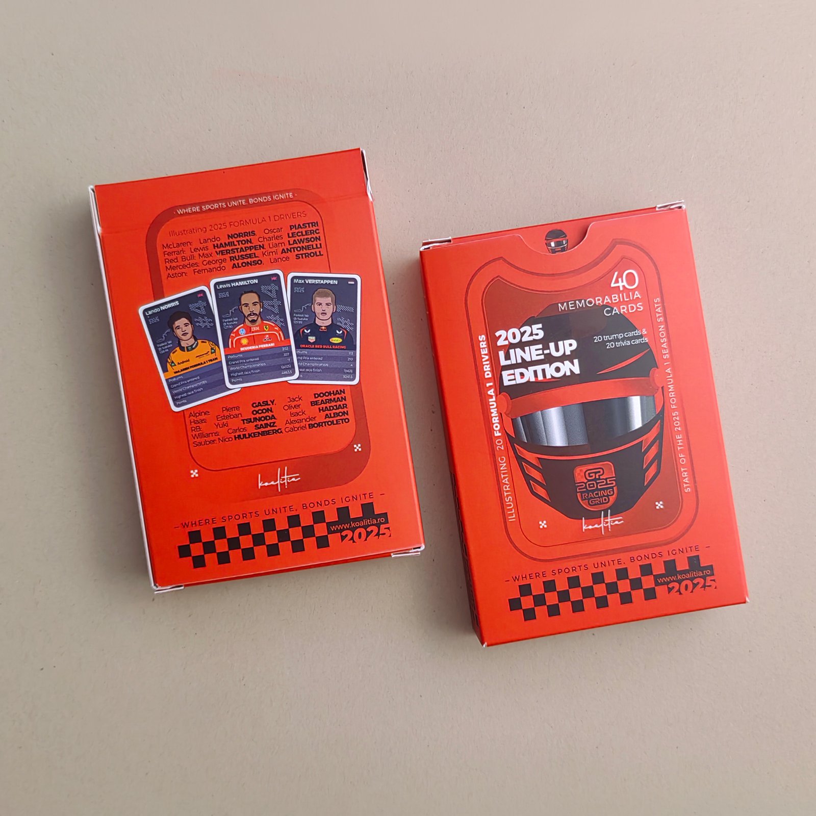 F1 2025 cards Trumps and Trivia Game drivers deck, red box.
