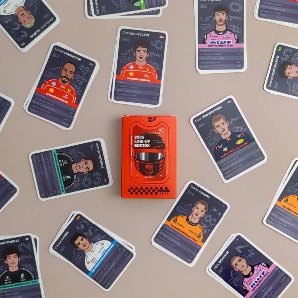 Cărți de joc F1 2025, Tromf și trivia cu ilustrații cu piloți de Formula 1.