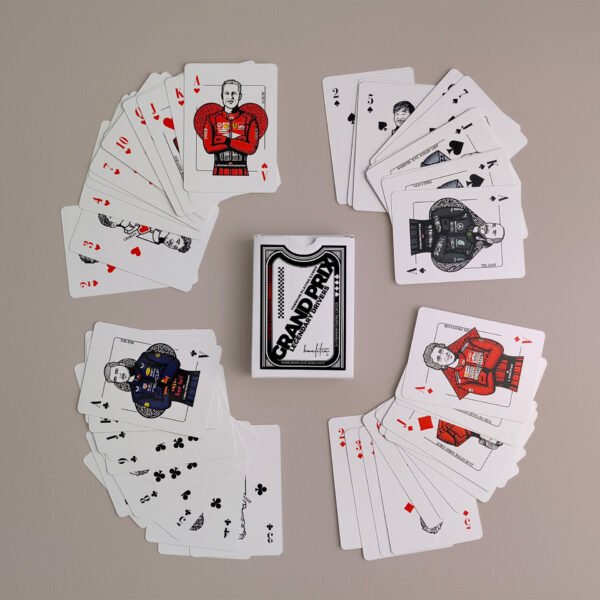Formula 1 playing cards, hand-drawn artwork of Schumacher, Verstappen, Hamilton, Senna and many more drivers, made into F1 Gifts for fans.