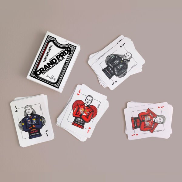 Formula 1 playing cards, hand-drawn artwork of legendary Drivers, showcasing Max Verstappen, Seb Vettel, Charles Leclerc, Ricciardo, Lewis Hamilton.