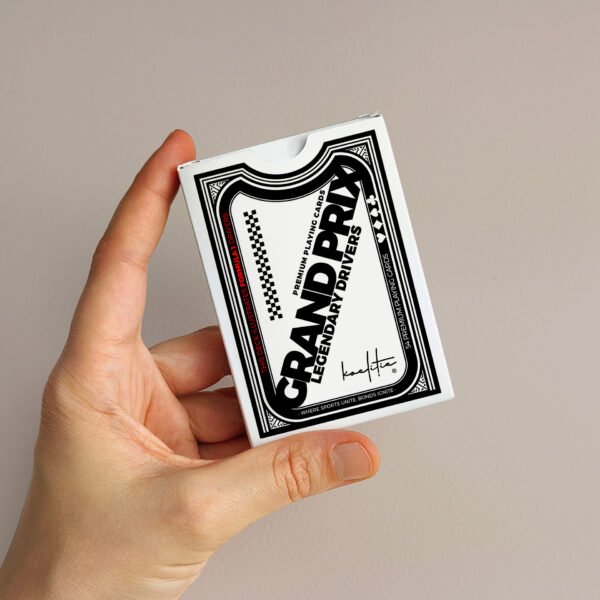 Formule 1 Playing Cards box, black and white design.