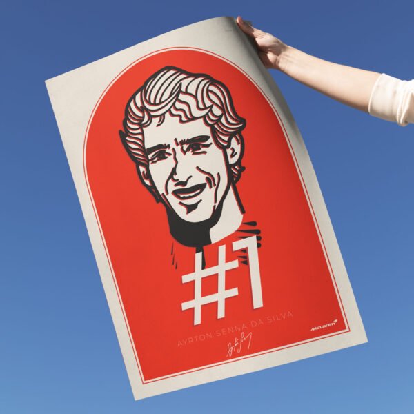 Am creat acest poster Ayrton Senna drept omagiu pilotului Brazilian de Formula 1, ilustrat în culoarea vermilion a echipei McLaren.