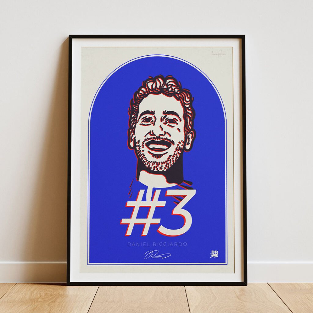 Daniel Ricciardo Art Poster: F1 poster featuring the Australian driver's portrait, #3 racing number and AlphaTauri iconography, perfect wall decor for Formula 1 fans.
