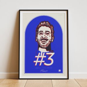 Daniel Ricciardo Art Poster: F1 poster featuring the Australian driver's portrait, #3 racing number and AlphaTauri iconography, perfect wall decor for Formula 1 fans.