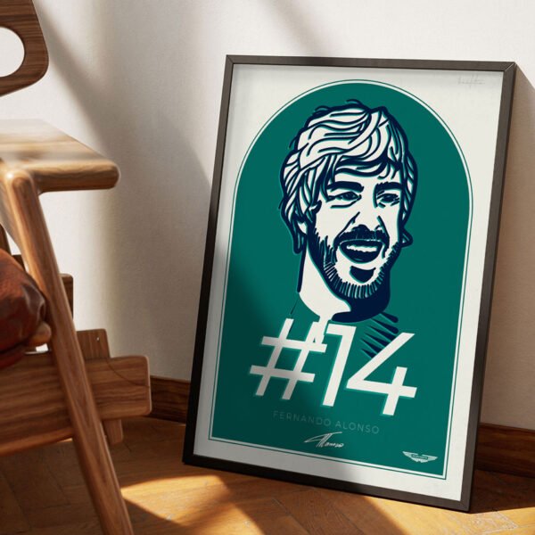 Tablou Poster Fernando Alonso, desen in culoarea Aston Martin si cu semnatura lui Alonso.