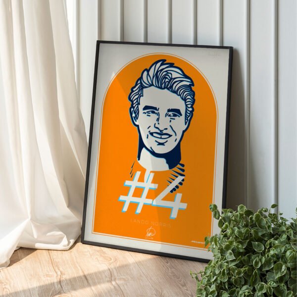 Poster Lando Norris înrămat, culoarea portocaliu McLaren, semnătura lui Lando si numărul #4.