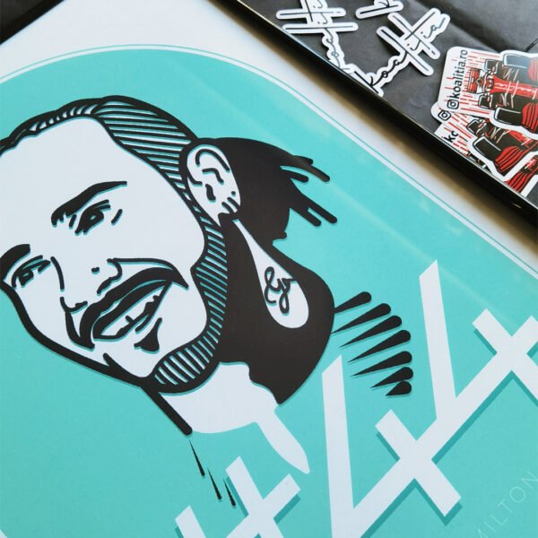 Mercedes AMG Lewis Hamilton poster, framed, next to Koalitia and F1 stickers.