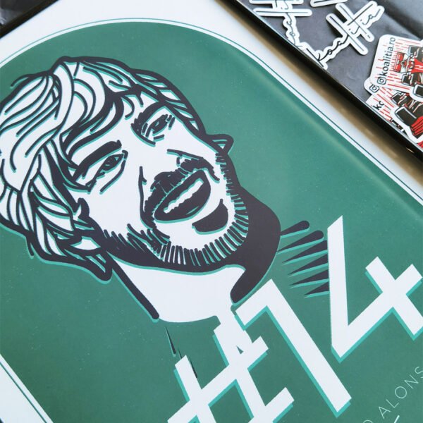 F1 framed print with Alonso, next to Koalitia and F1 car stickers.