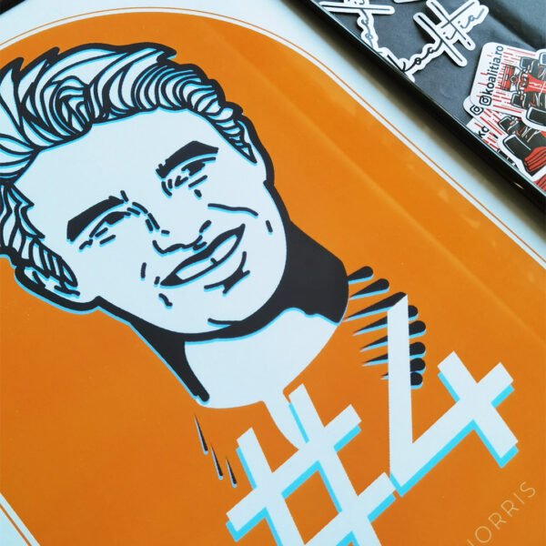 The Lando Norris artwork printed and framed, next to Koalitia stickers.