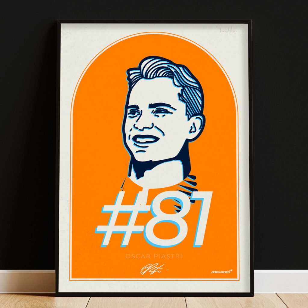 Oscar Piastri's print is created with his zen spirit in mind, next to his signature, the McLaren icon and his #81 F1 number.