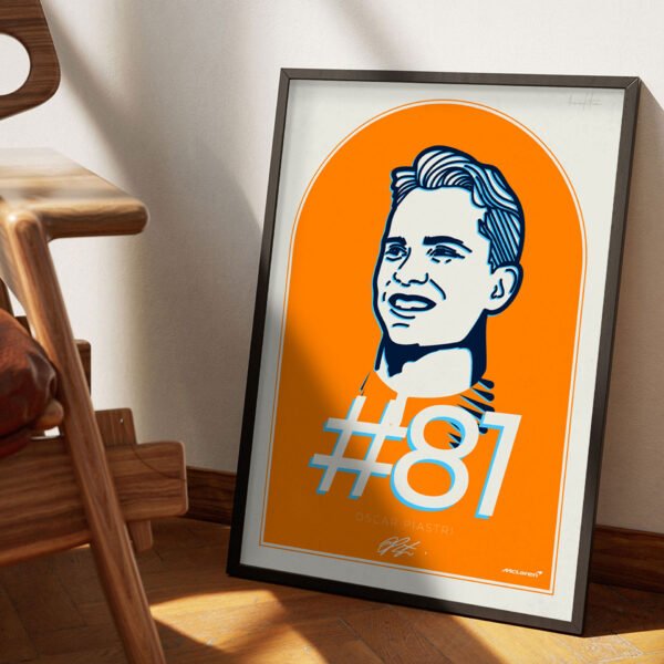 Oscar Piastri portrait framed, with the Papaya McLaren color, the 81 number and his signature.