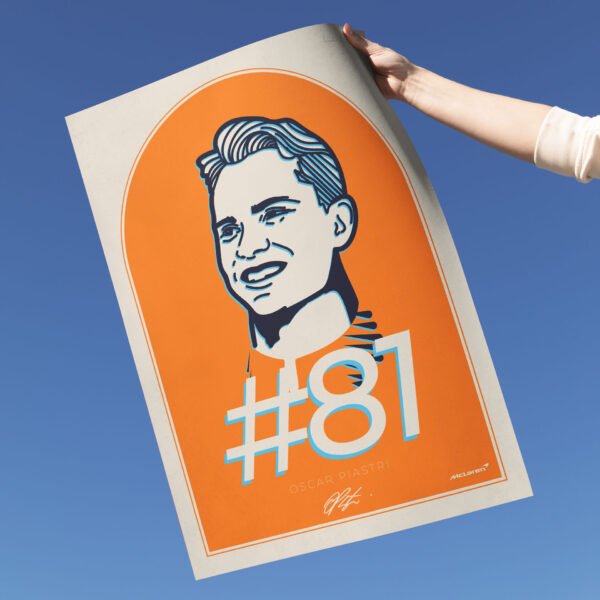 Poster Oscar Piastri tinut in mana, fanart cu fundalul papaya McLaren si semnatura lui Oscar.