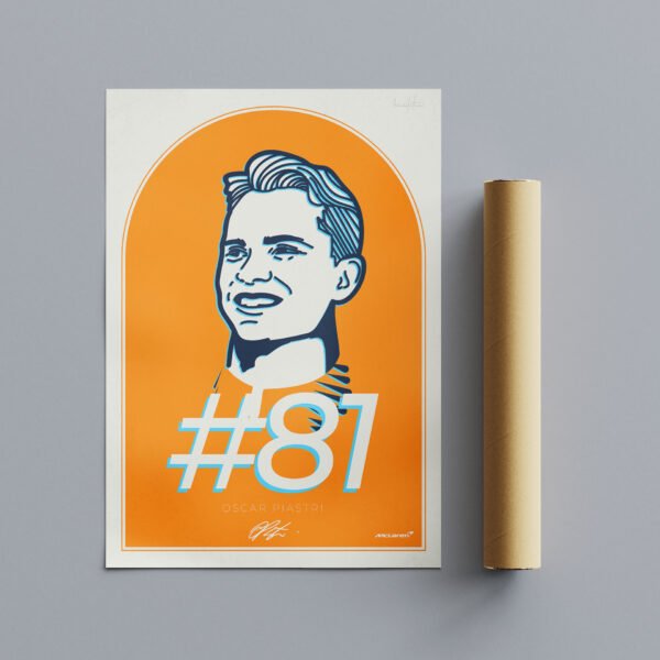 Oscar Piastri poster, hand-drawn artwork printed on high quality paper.