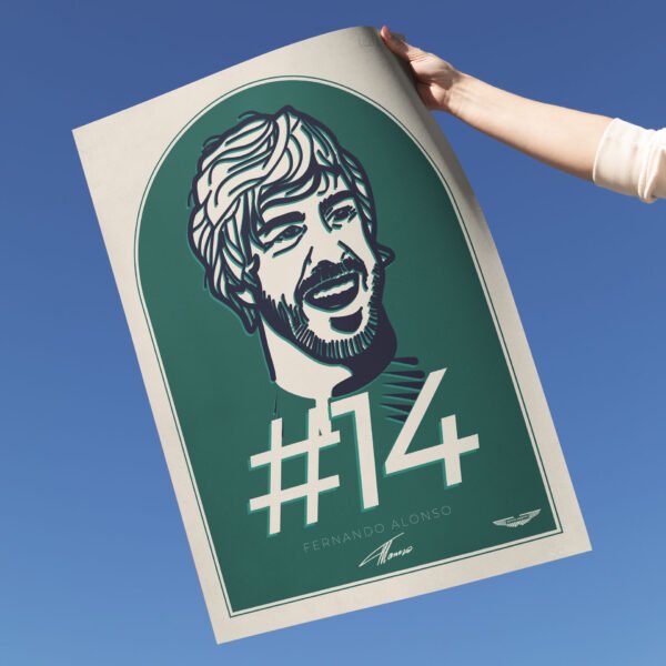 Fernando Alonso Poster held in hand, with his signature and Aston Martin colour.