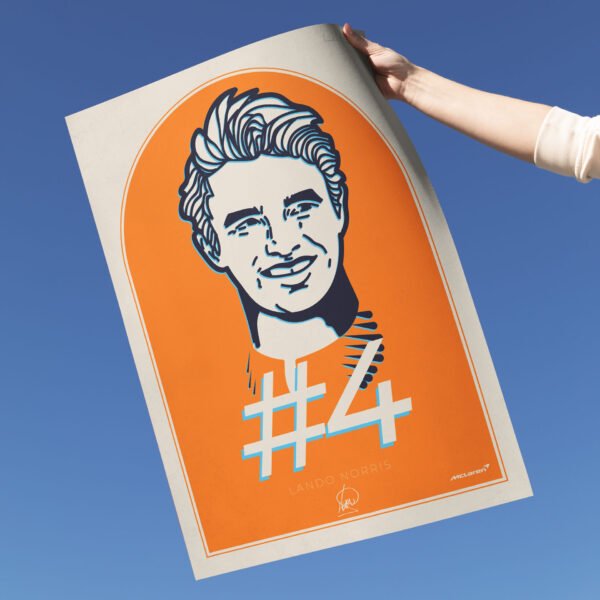 Lando's portrait is created with his spirit in mind, next to his signature, the McLaren icon and his #4 F1 number.