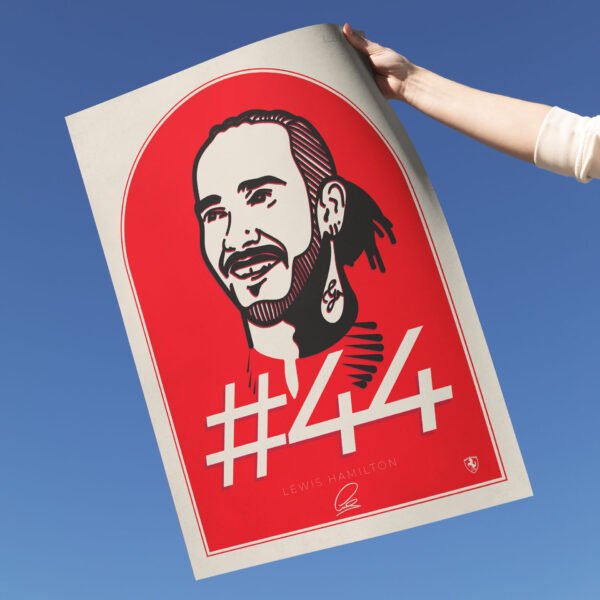 Lewis Hamilton print on the Ferrari red, with the Ferrari icon and his #44 F1 number.