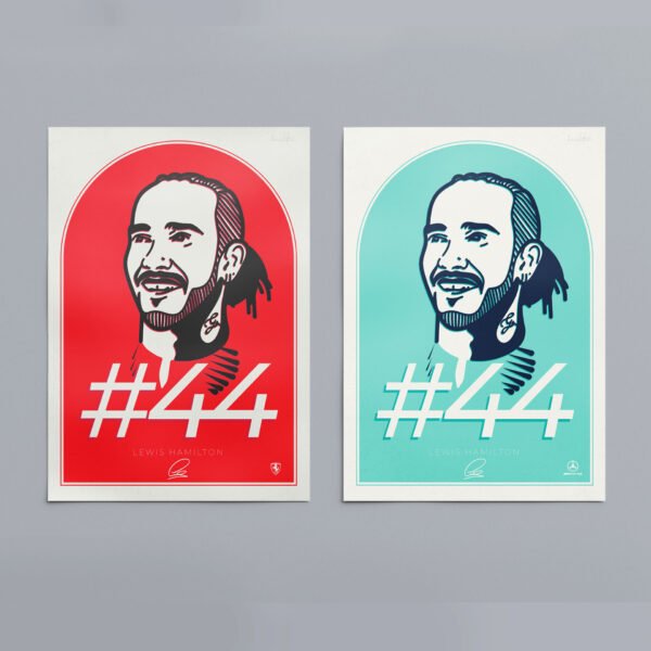 Both Scuderia Ferrari and Mercedes AMG posters with Lewis Hamilton.