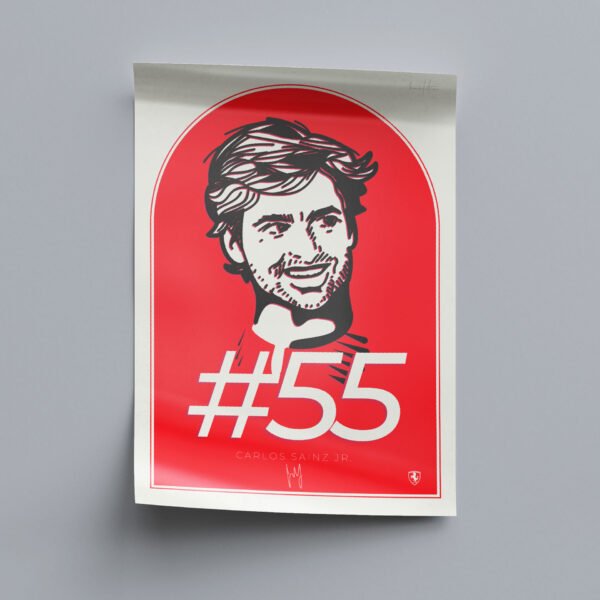 Close-up detail of the hand-drawn portrait from the Carlos Sainz Print, showcasing the Ferrari Prancing Horse emblem and Sainz's signature.