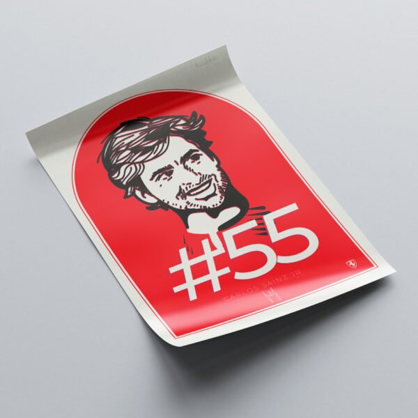 Carlos Sainz Print, F1 poster featuring the Spanish driver's portrait, #55 racing number and Ferrari logo, perfect wall decor for Formula 1 fans.