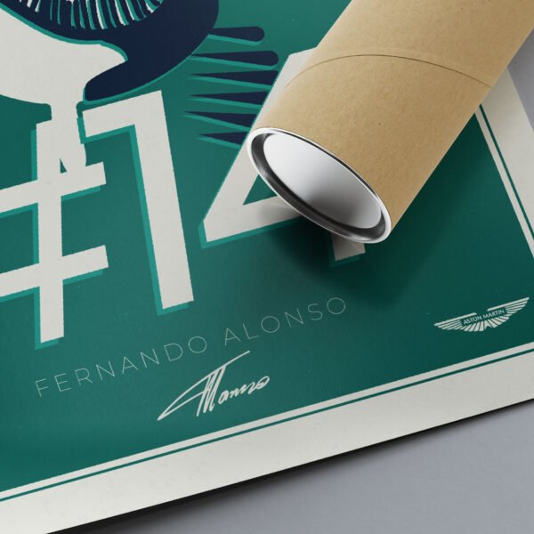 Zoom in on the Alonso print, showing his signature and the Aston Martin logo.