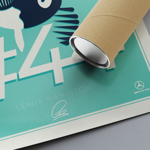 Mercedes AMG print with Hamilton, zoom in next to the cardboard tube used for shipping.