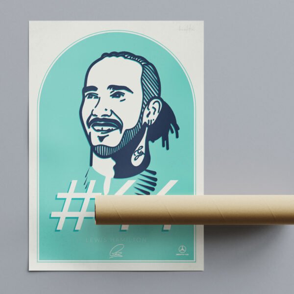 #44 portrait with Hamilton artwork with the Mercedes AMG icon.