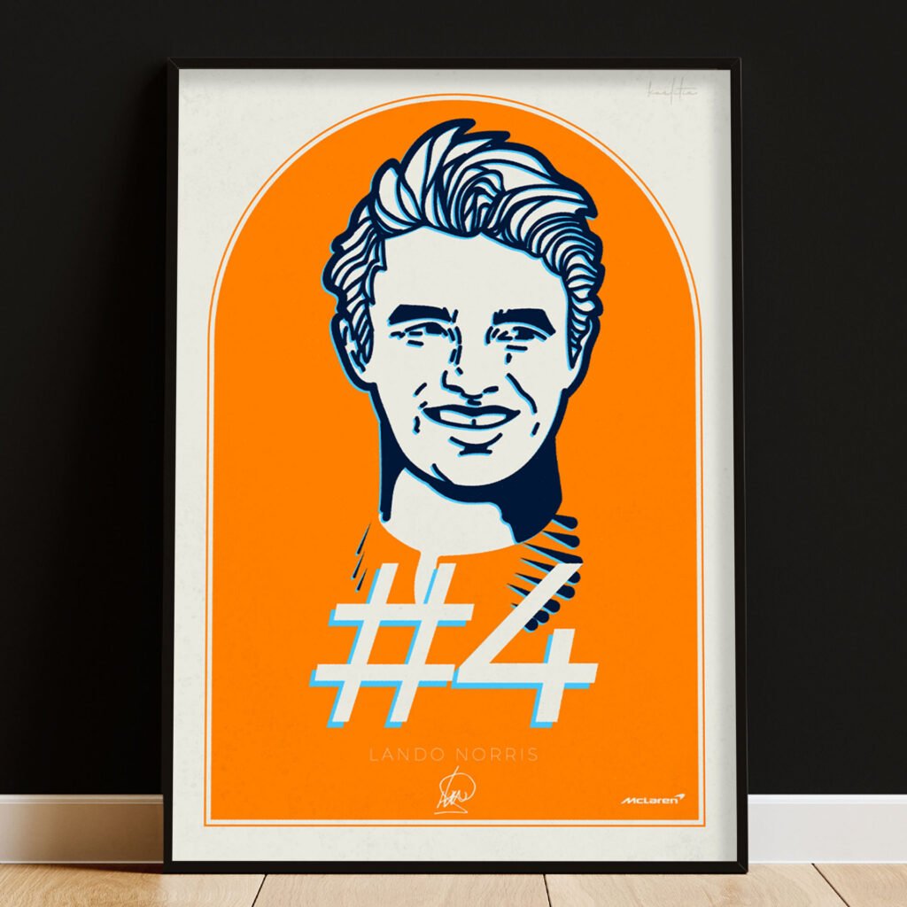We created the Lando Norris print for the McLaren fans rooting for him, digitally hand-drawn and ready to be placed on your wall!