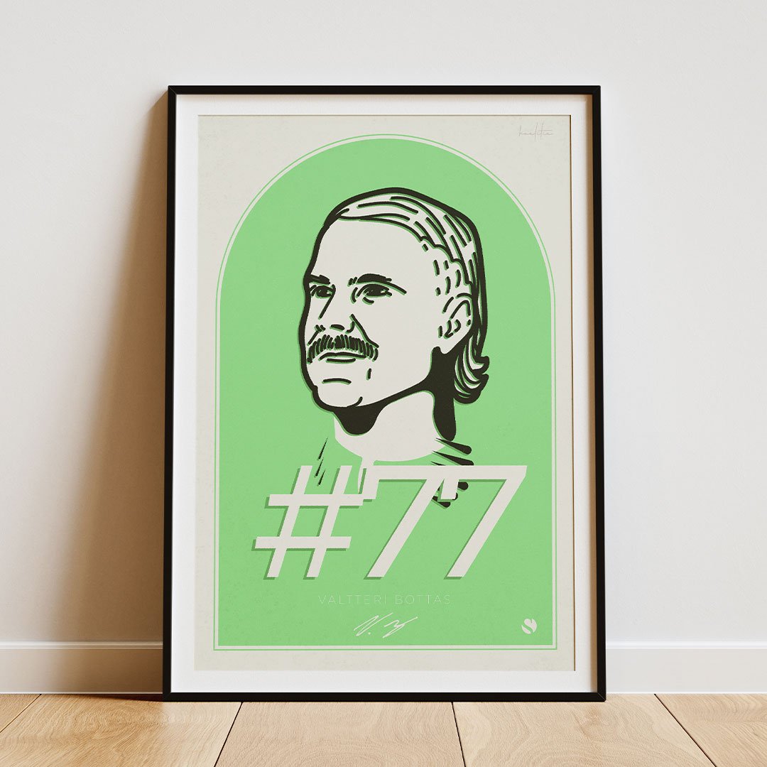 Valtteri Bottas Poster is an F1 print featuring the Finnish driver's portrait, #77 racing number and Kick Sauber logo, perfect wall decor for Formula 1 fans.