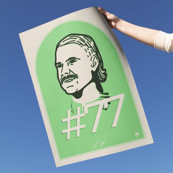 Poster Valtteri Bottas, portret desenat de mână al pilotului Kick Sauber F1, cu semnătura și numărul de cursă #77, pe fundal albastru.