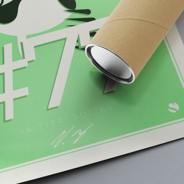 Close-up detail of the hand-drawn portrait from the Valtteri Bottas Poster, showcasing the Kick Sauber emblem and Bottas's signature.