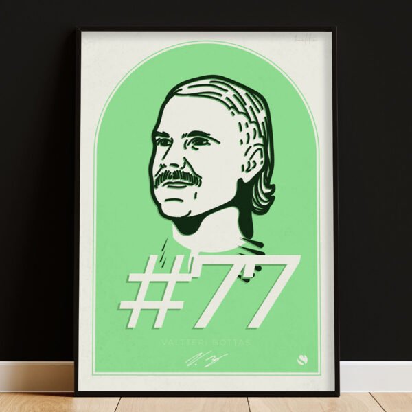 Valtteri Bottas Poster - digitally hand-drawn portrait of the Kick Sauber F1 driver, featuring his signature and #77 racing number, framed on a dark background.