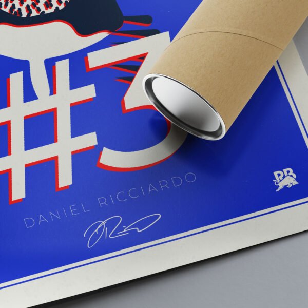 Close-up detail of the hand-drawn portrait from the Daniel Ricciardo Art Poster, showcasing the AlphaTauri emblem and Ricciardo's signature.