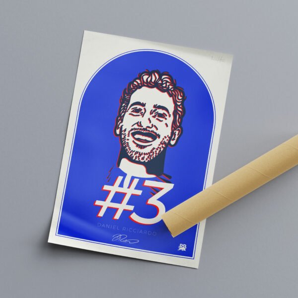 Poster Daniel Ricciardo, portret desenat de mână al pilotului AlphaTauri F1, cu semnătura și numărul de cursă #3.