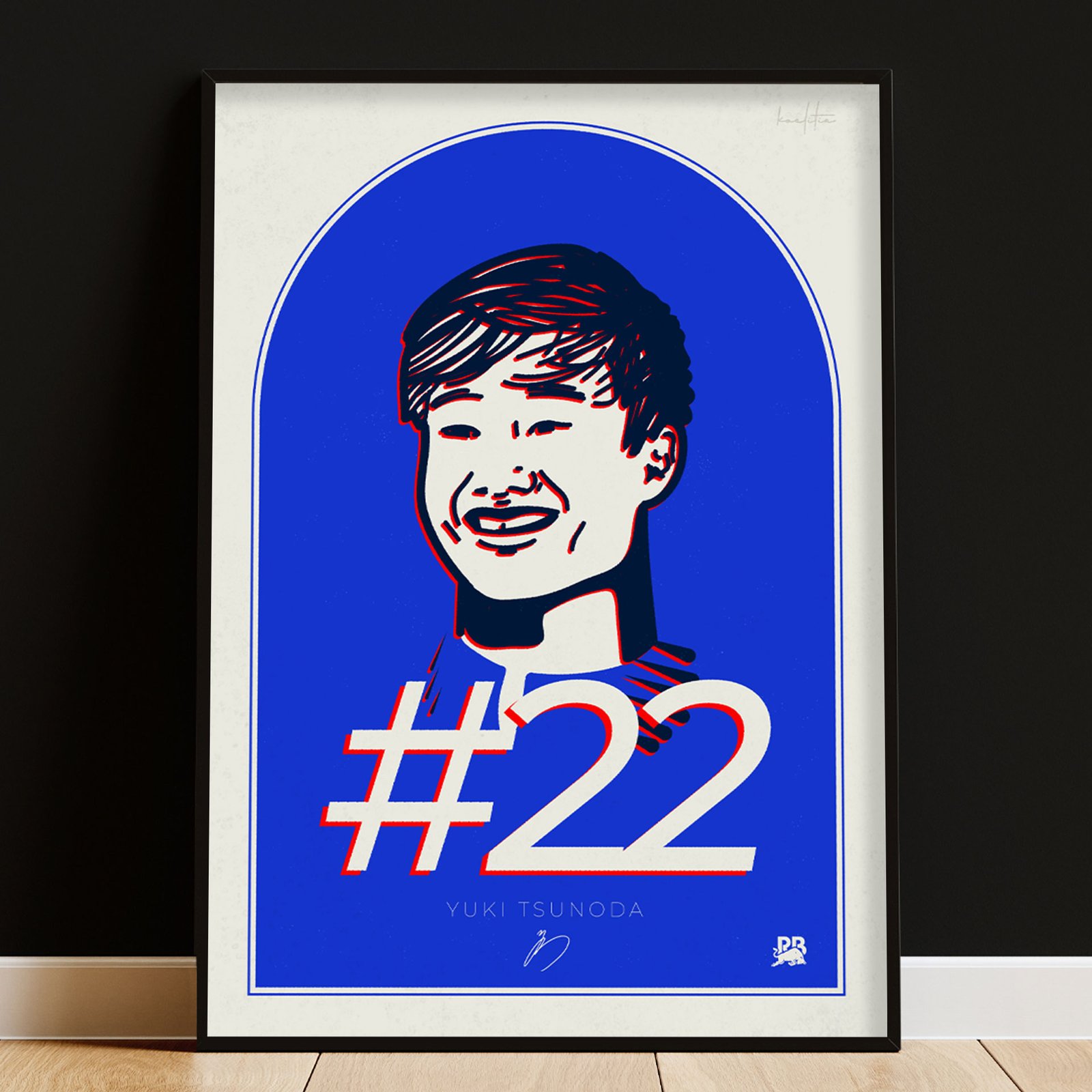 Yuki Tsunoda Print, digitally hand-drawn portrait of the F1 driver, featuring his signature and #22 racing number, on a dark background, framed.